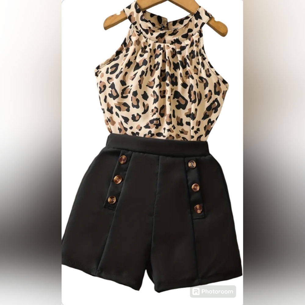 Girls Leopard Print Halter Top and Black Shorts Set. Sz 7